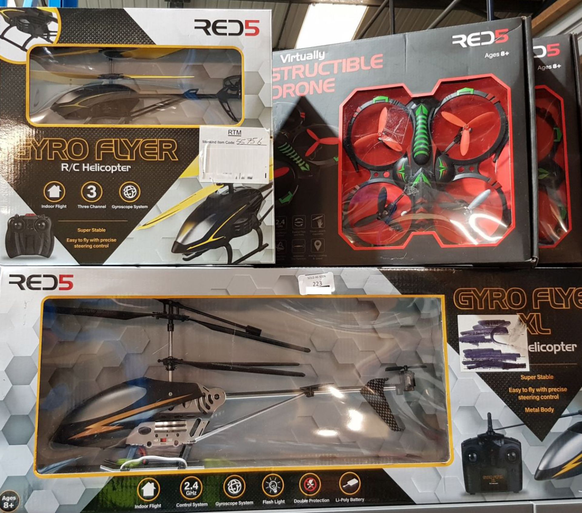 7 items 2 x red5 gyro flyer xl helicopter, 2 x red5 x-knight v2 extreme speed buggy, 2 x red5 amp
