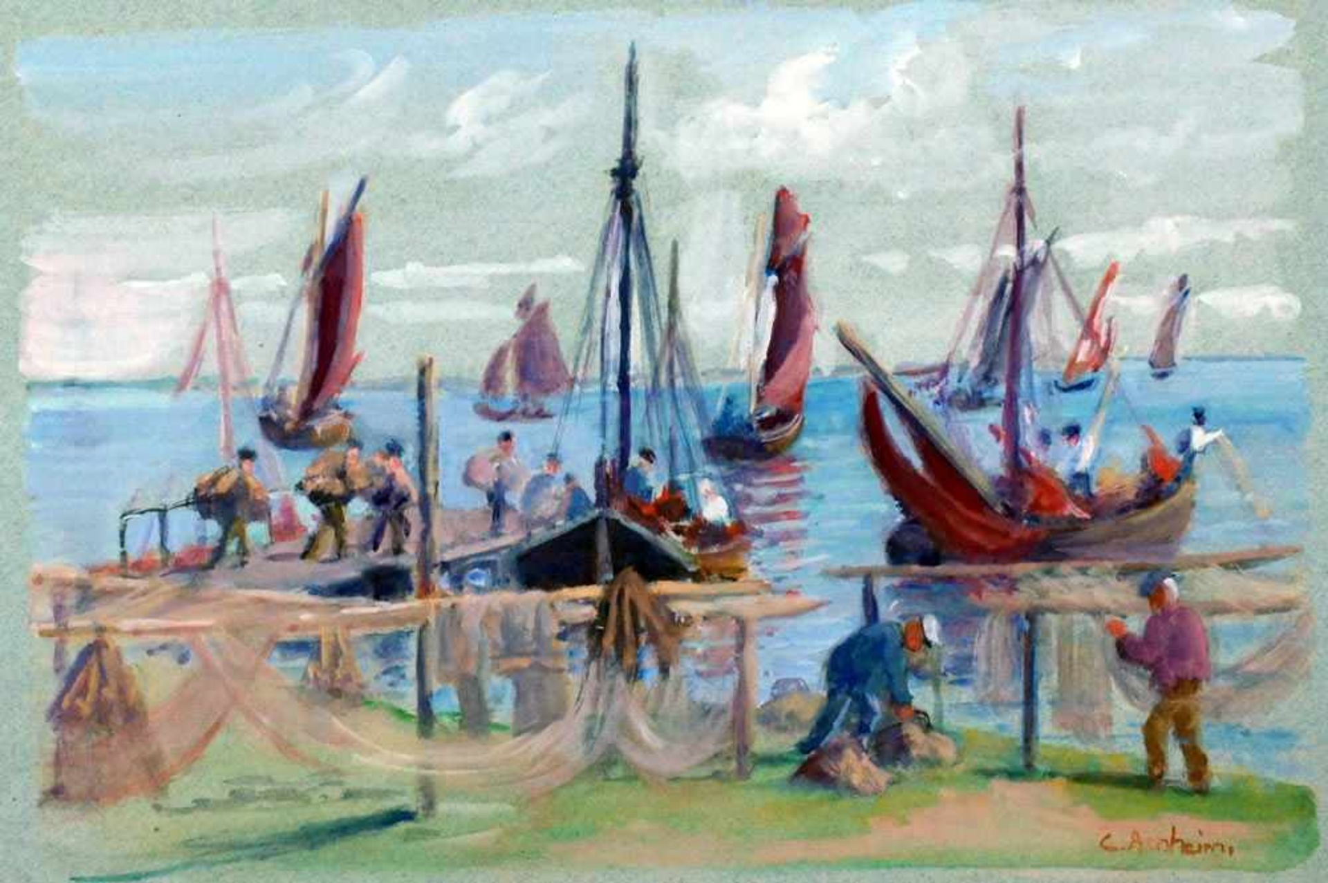 Arnheim, Clara, Fischerboote vor Hiddensee, sign., Pastell, 21 x 30 cm