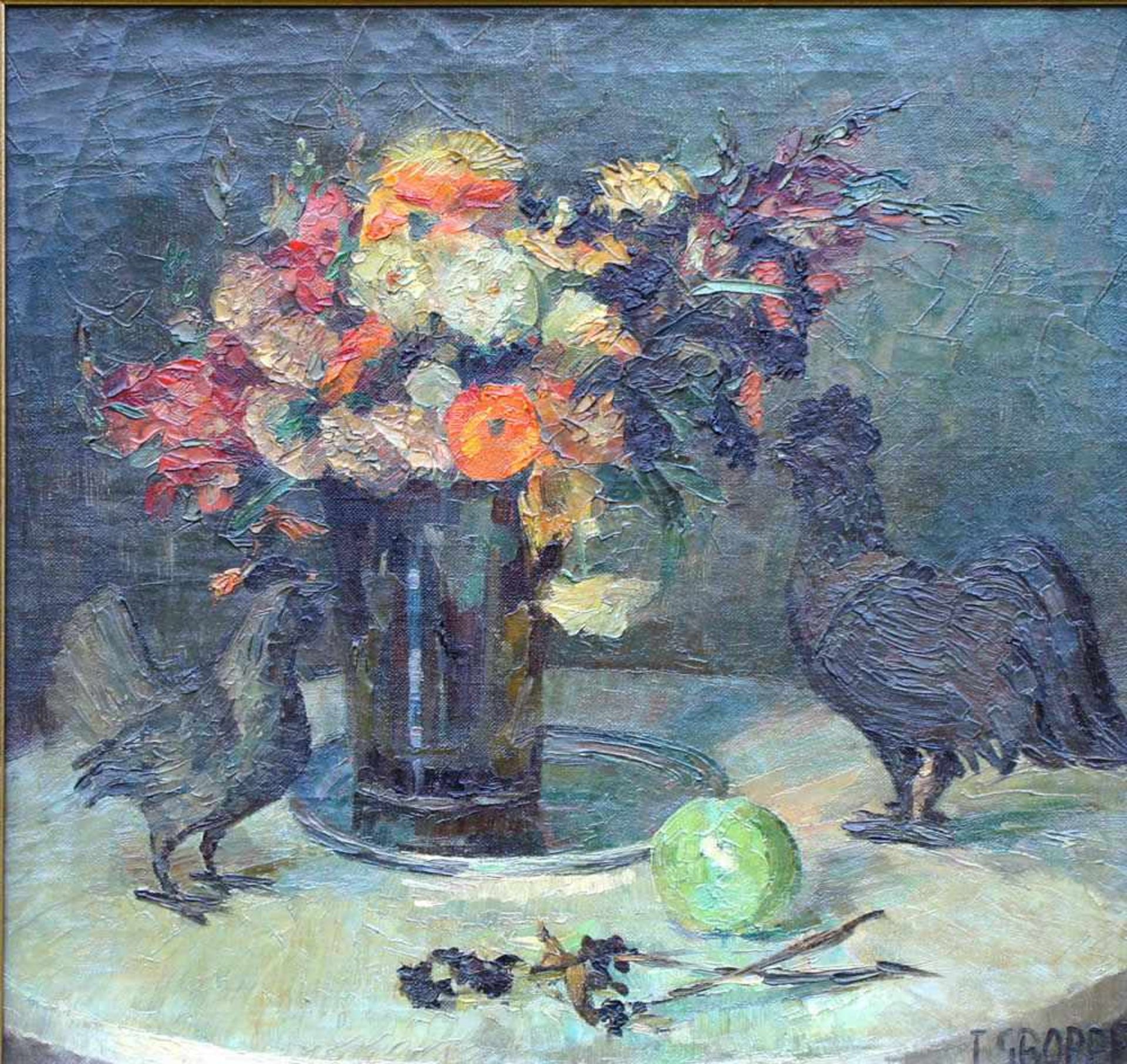 Groppe, Johanna L.,. Stillleben m. Hühnern, sign 57 x 60 Öl