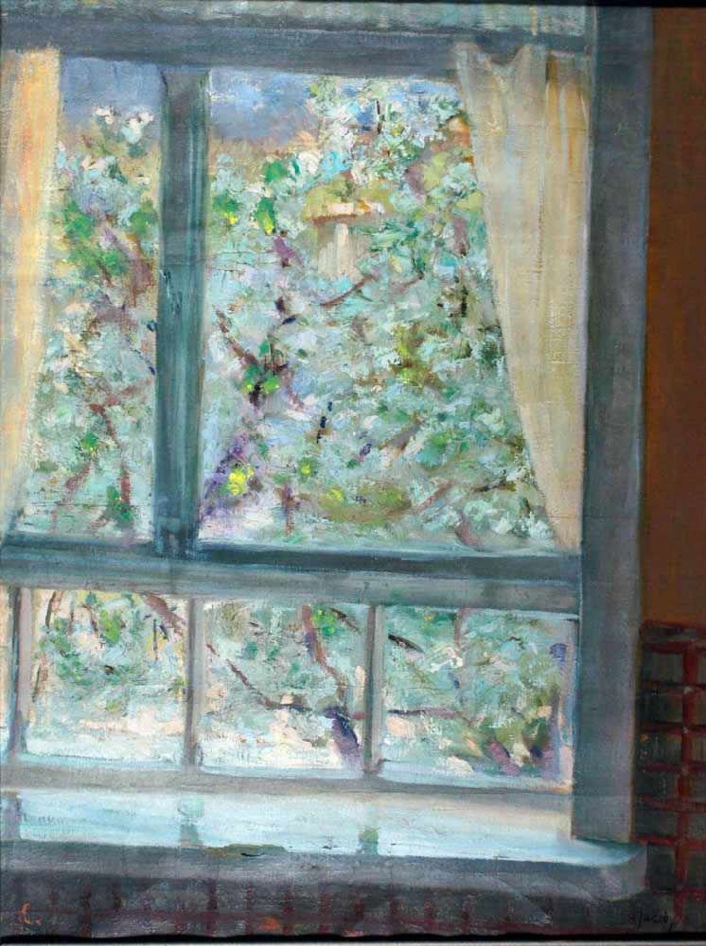 Jacoby, Meinhard, Fensterblick, signiert, 59 x46 Öl