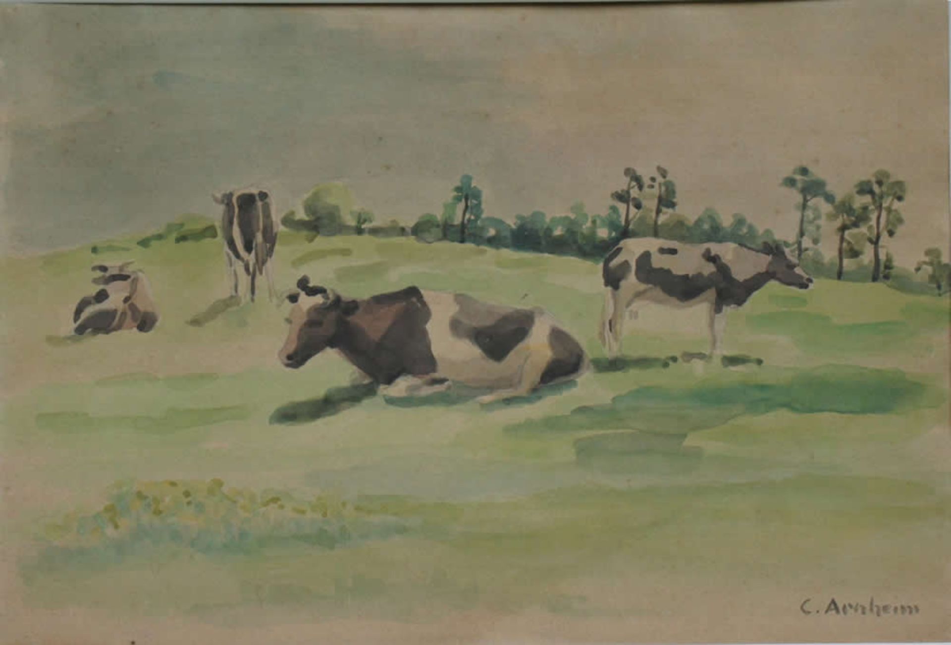Arnheim, Clara Kühe auf der Weide, signiert, 29 x 43 cm, Aquarell