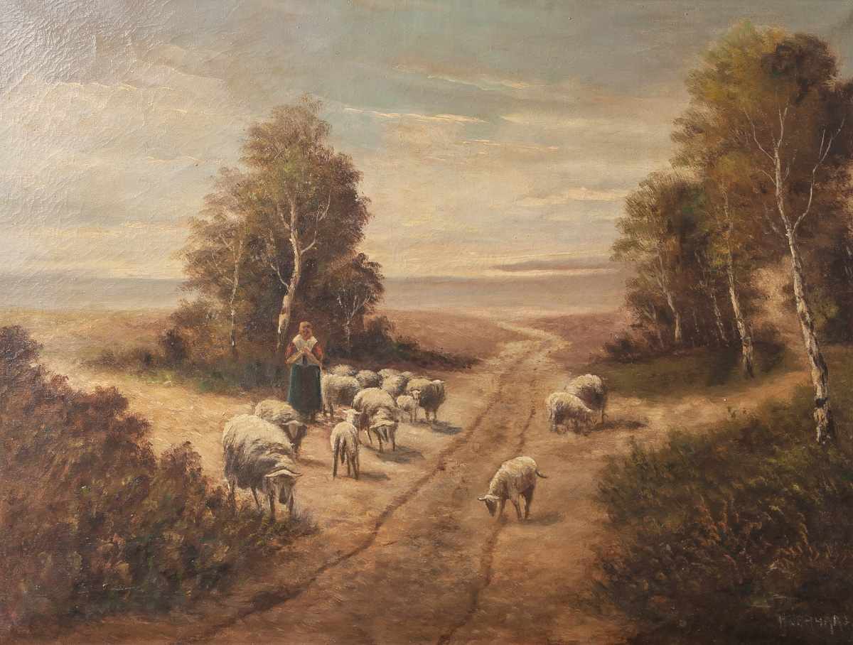 Verhaaf, Hendrik Jan (1881-1970), Landschaft mit einer Schafherde u. einer Bäuerin,<
