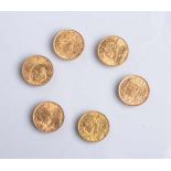 6x Goldmünzen, 20 Franken (Schweiz, 1947, 1914, 1935, 1898), 900 Feingold, à 6,46 g.