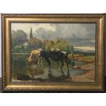 Unbekannter Künstler (wohl 19./20. Jahrhundert), Kühe an einem See beim Wassertrinken,<b