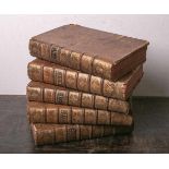 Bayle, Pierre, "Dictionaire Historique et Critique", 1734, fünf Bände, Ledereinbände mit<br