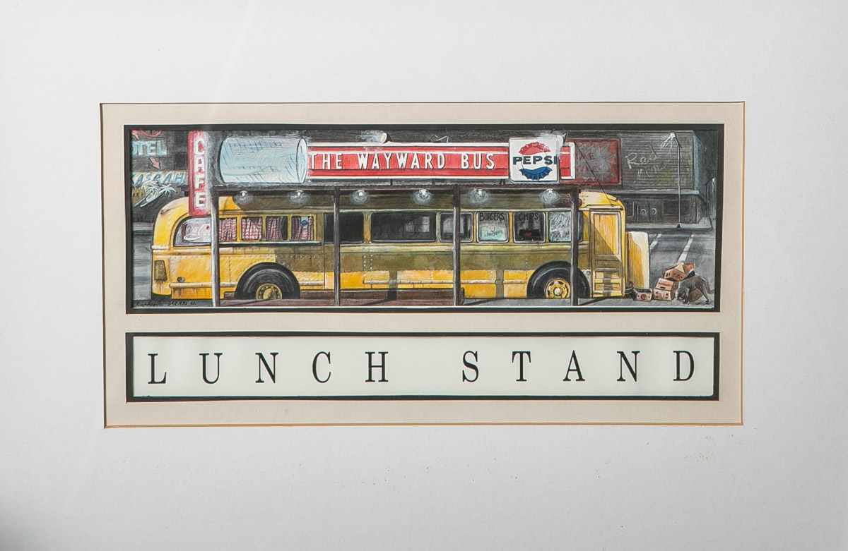 Unbekannter Künstler, "Lunch Stand", Zeichnung mit Kollage, u. li. signiert (wohl<