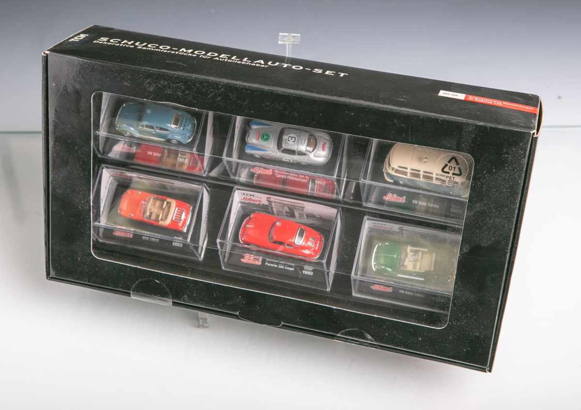 Schuco-Modell-Auto-Set (neuzeitlich, TCM), insgesamt 6 Stück, bestehend aus: 1x VW Käfer;<b