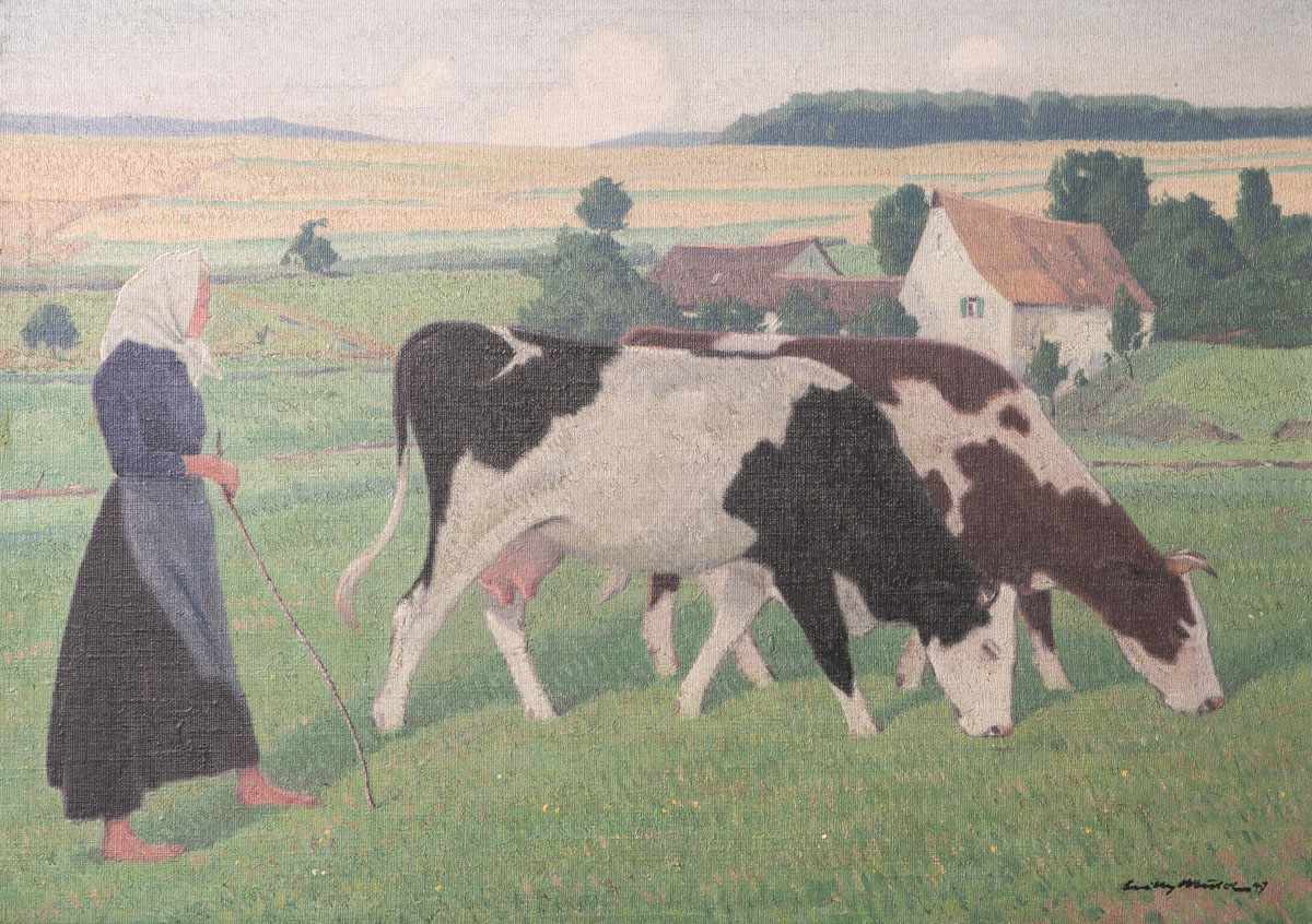 Mulot, Willy (Wiesbaden 1889-1982 Wiesbaden), Kühe auf der Weide (wohl 1947), Öl/Lw., re.<b