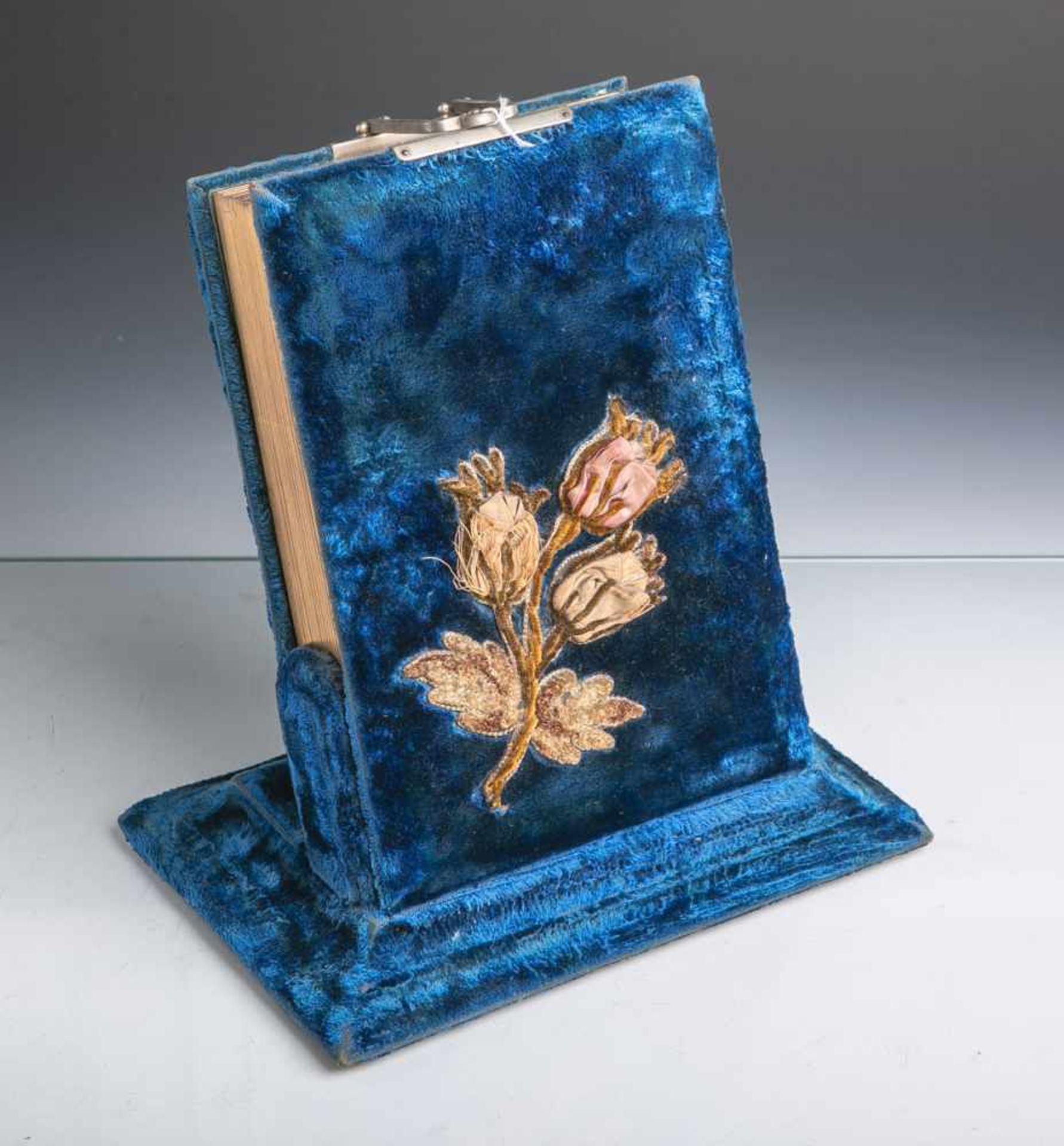 Fotoalbum (um 1900), blauer Samtbezug m. Blumendekor aus Stoff, die Seiten m. feinem