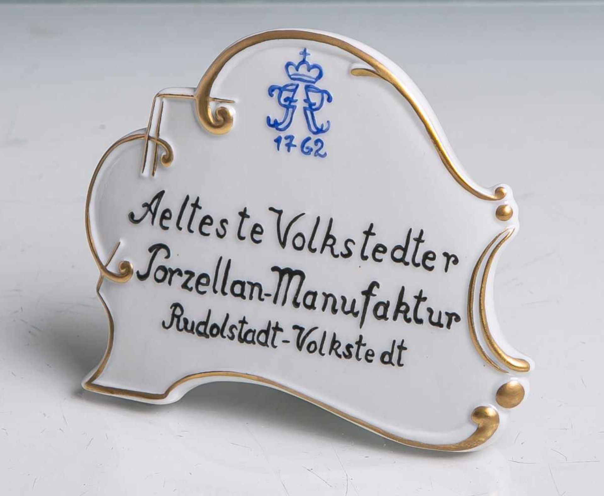 Kleines Auslageschild in Wappenform (Volkstedt), vorne bez. "Aelteste Volkstedter