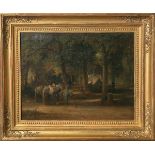 Unbekannter Künstler (wohl 1. Hälfte 19. Jahrhundert), Rast mit Pferden und Esel, Öl/Holz,<br