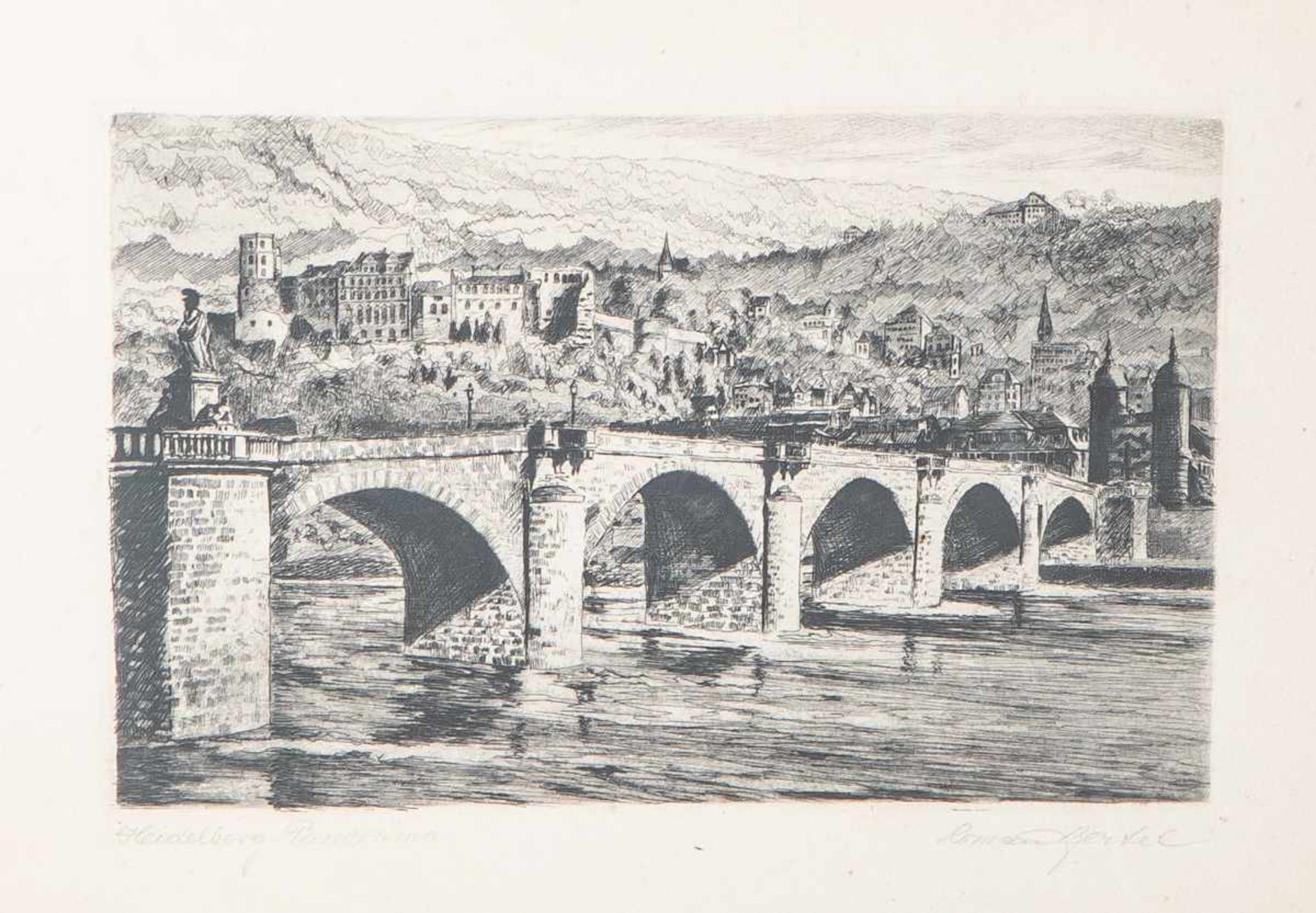 Bertel, Roman, Blick über den Neckar mit dem Panorama von Heidelberg, Radierung, li. unten<