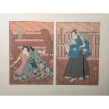 Unbekannter Künstler (Japan), Darstellung von Samurai und Tänzer, zwei farbige<b