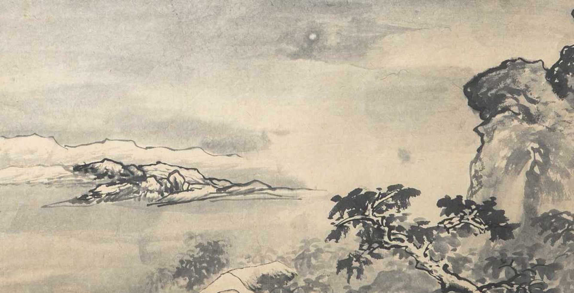 Unbekannter Künstler (wohl Japan), Landschaft, Tuschezeichnung auf Papier, ca. 24 x 44 cm.<