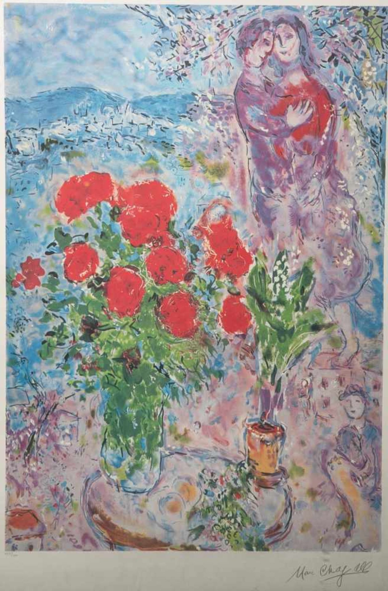 Chagall, Marc (1887 - 1985), "Liebespaar mit Blumenstrauß", Lithografie, in der Platte<