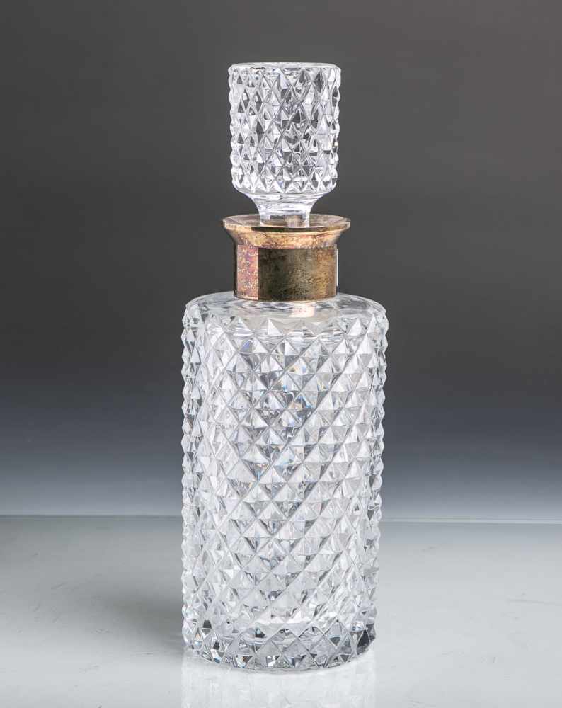Kristallflakon m. 925 Silber-Montierung für Whisky, zylinderförmige Wandung m.<b
