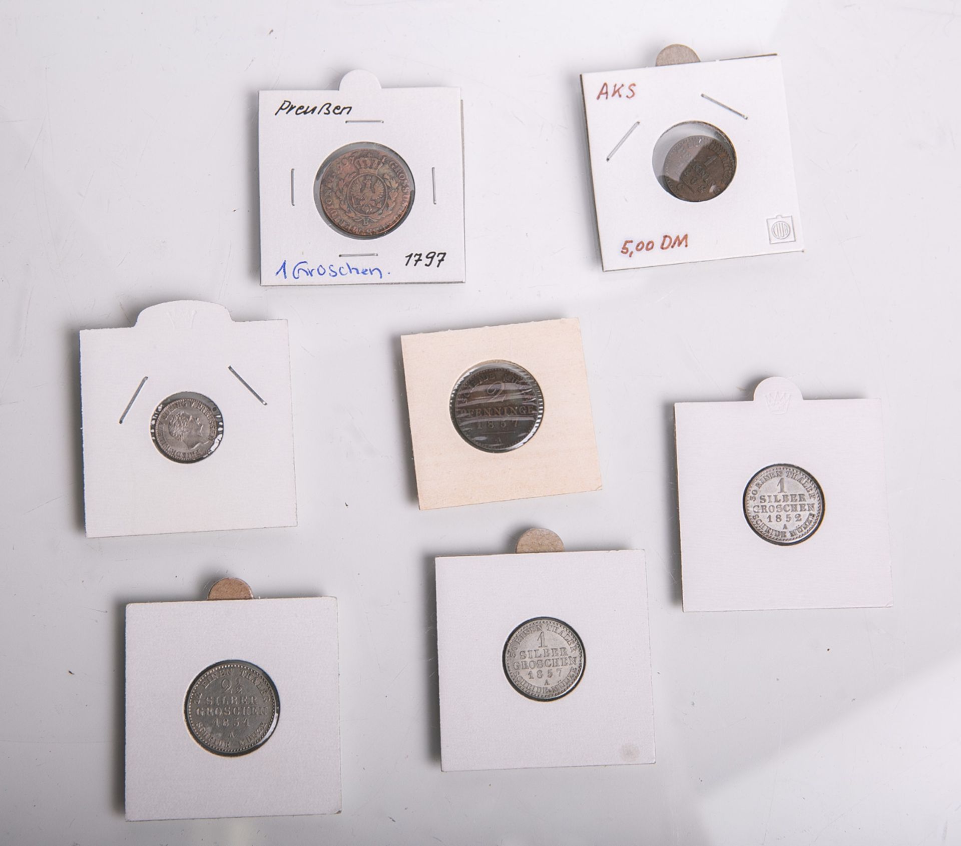 Sieben verschiedene Kleinmünzen (Preussen), bestehend aus: 2 1/2 Silbergroschen (1854),