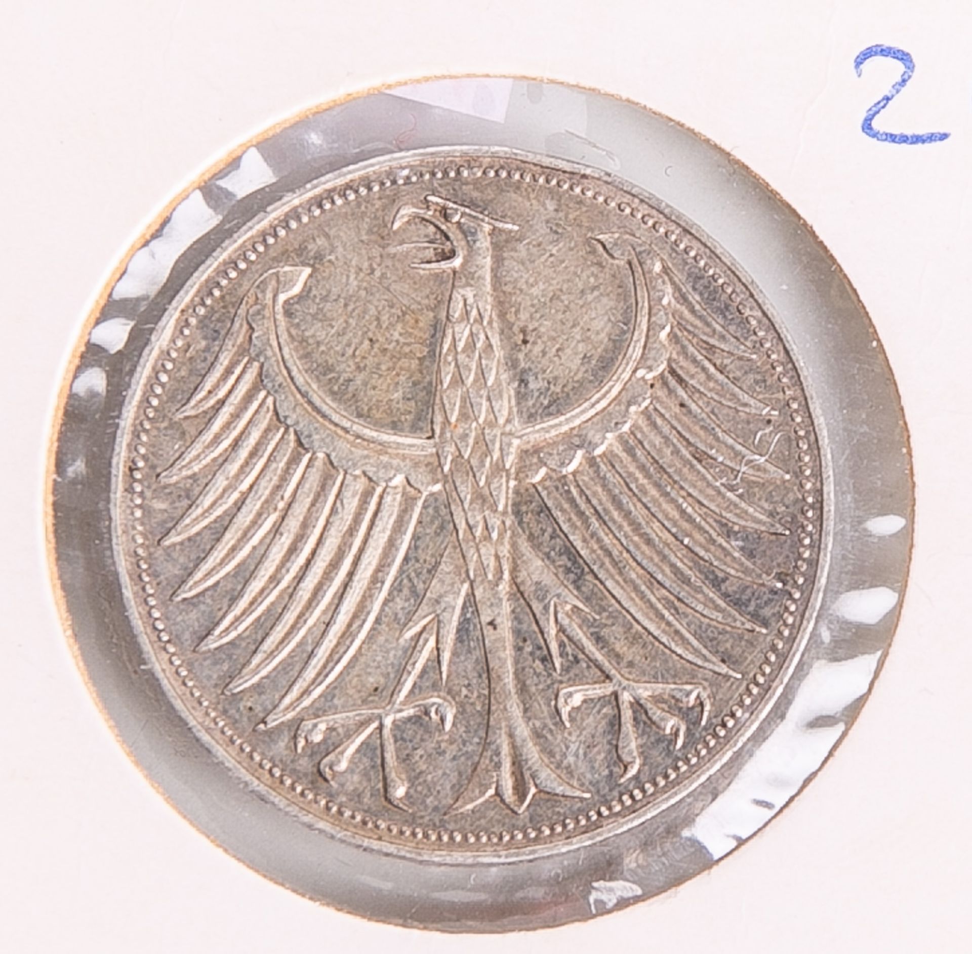 5 DM-Münze "Silberadler" (BRD, 1956), Münzprägestätte: F, eingeschweißt. Vz. - Bild 2 aus 2