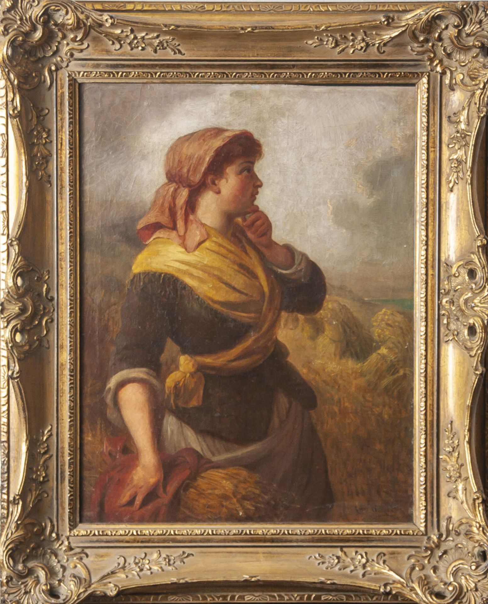 Walker, E. (19. Jahrhundert), junges Bauernmädchen m. Ährengabe vor Getreidefeld, Öl/Lw.,