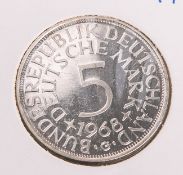 5 DM-Münze "Silberadler" (BRD, 1968), Münzprägestätte: G, eingeschweißt. PP.