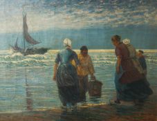 Hecker, Max (1864 - 1945), Fischerfrauen am Strand, in der Brandung ein Fischerboot,