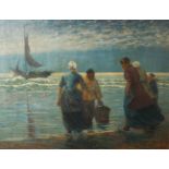 Hecker, Max (1864 - 1945), Fischerfrauen am Strand, in der Brandung ein Fischerboot,