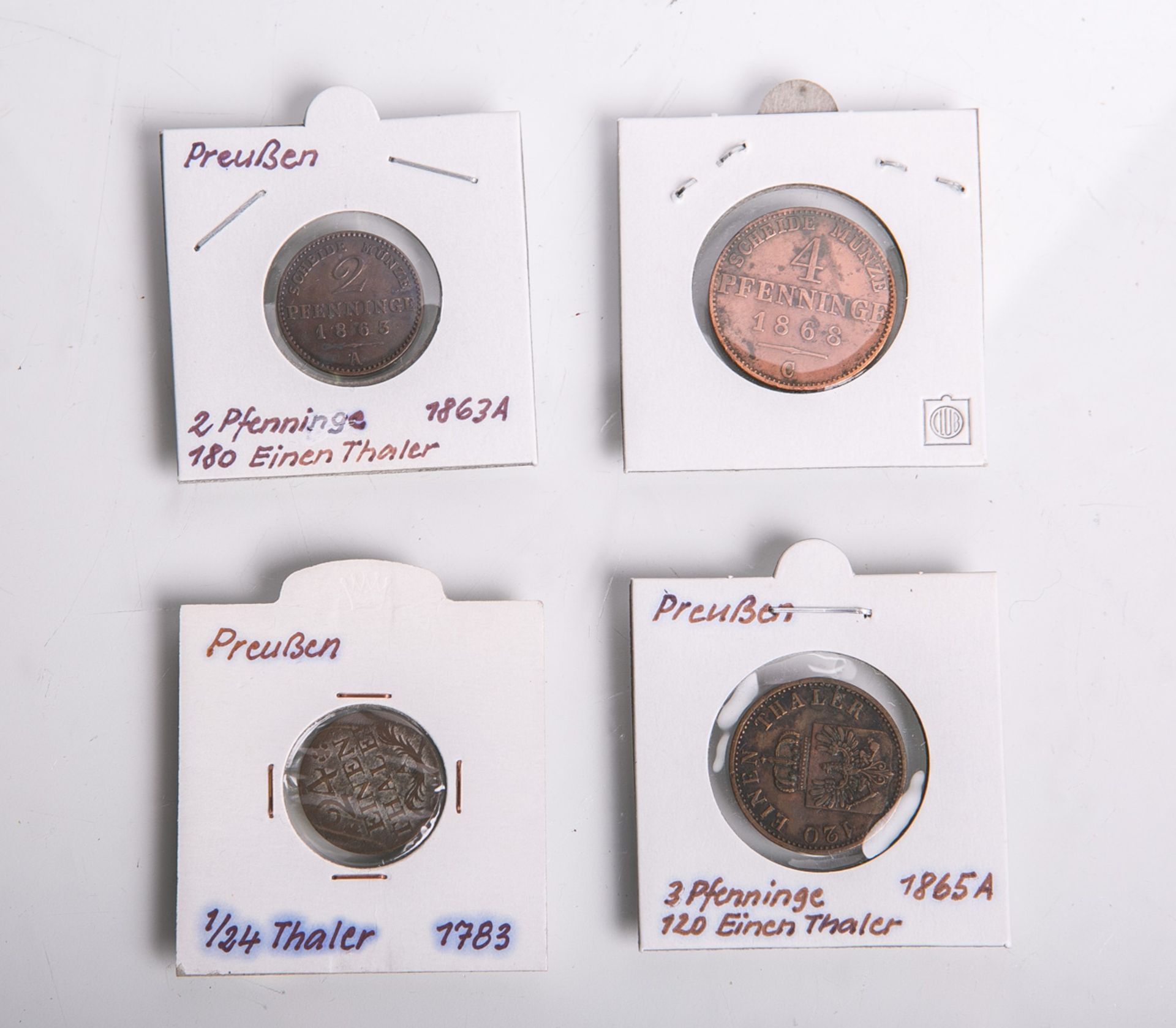 Konvolut von 4 Kleinmünzen aus Kupfer (Preussen), bestehend aus: 1x 3 Pfennige (1865, A,