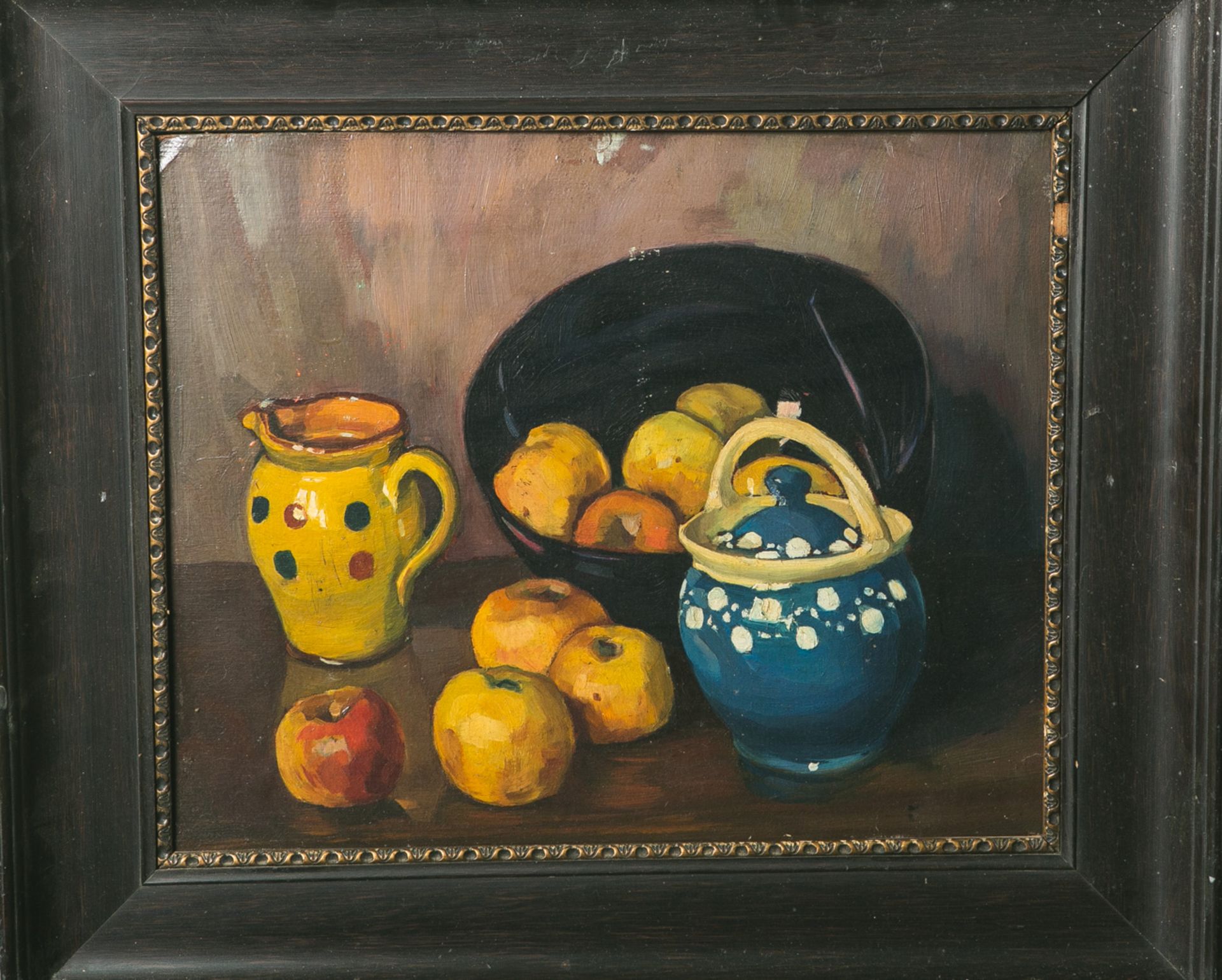 Unbekannter Künstler (wohl 20. Jahrhundert), Stillleben m. Äpfeln, Öl/Karton, ca. 38 x 46
