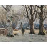 Hecker, Max (1864 - 1945), winterliche Waldlandschaft m. Jägern am Feuer, Öl/Lw., Rs. m.