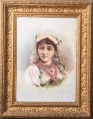 Porzellanbildplatte (unbekannter Hersteller, wohl um 1900), mit dem Portrait einer jungen