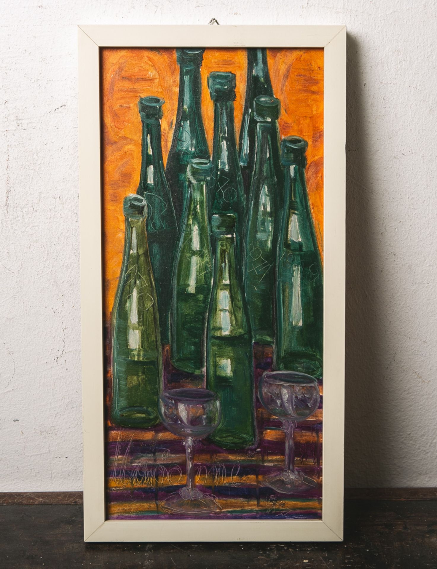Marianna (20. Jahrhundert), Stillleben m. Flaschen u. Gläsern, Öl/Pressholzplatte, li. u.