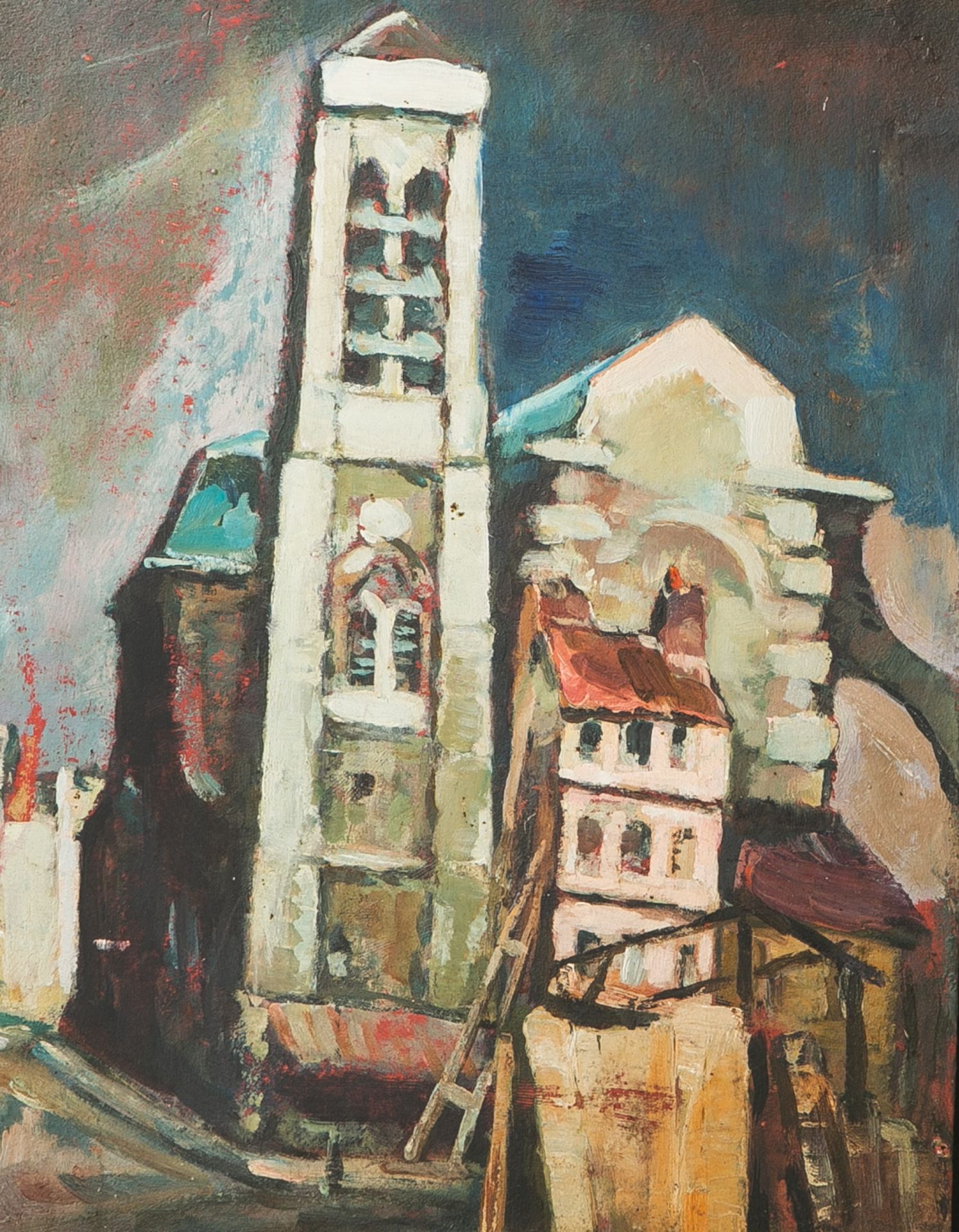 Unbekannter Künstler (19./20. Jahrhundert), abstrakt gemalte Ortsansicht m. Kirchturm,