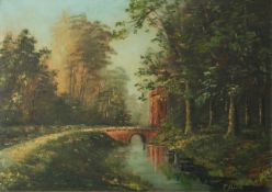 Eller, Franz (20. Jahrhundert), Brücke m. Torbogen in Waldlandschaft, Öl/Lw., re. u.