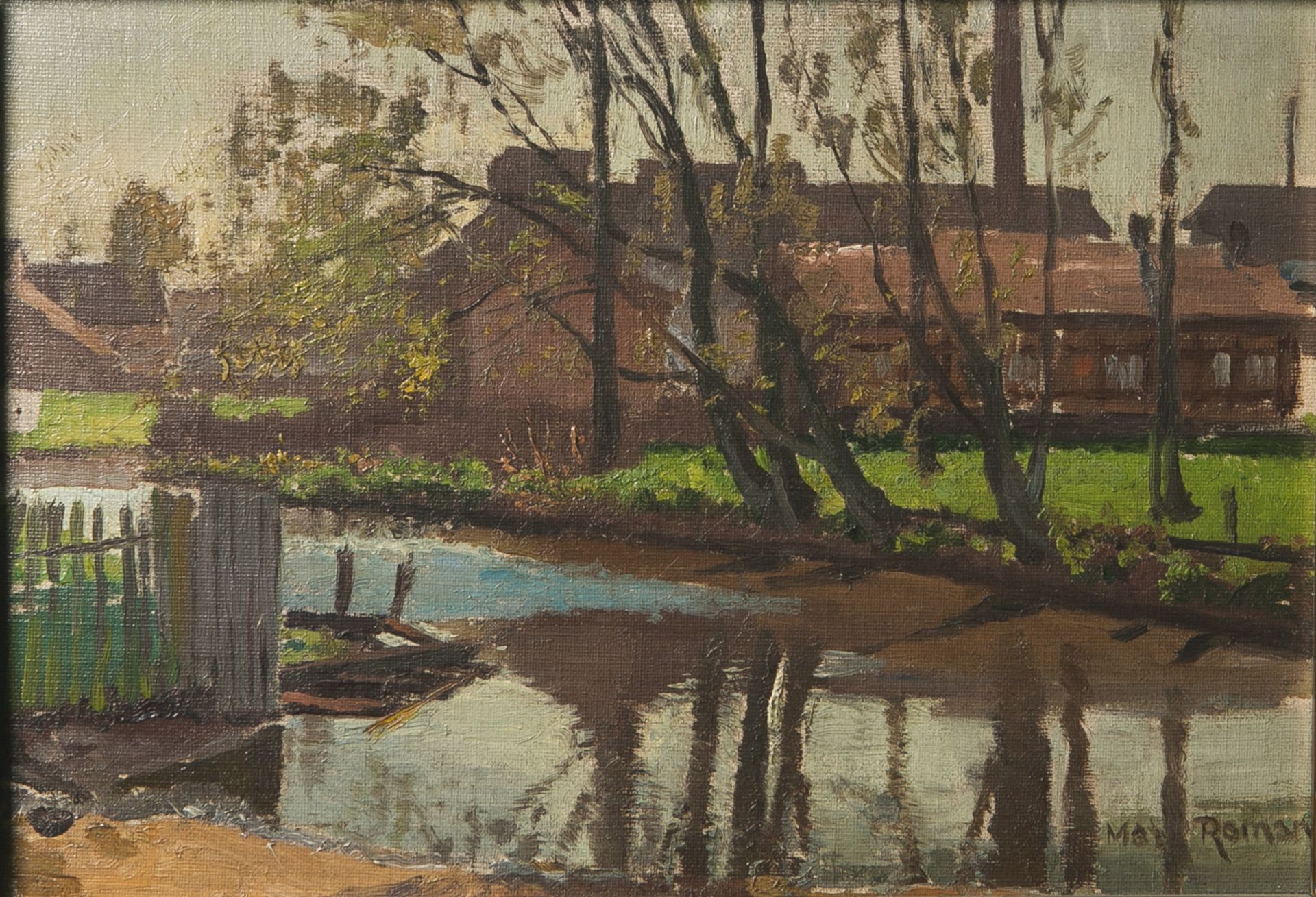 Roman, Wilhelm Max (1849 - 1910), Auenlandschaft m. Bauernhäusern, Öl/Malkarton, re. u.