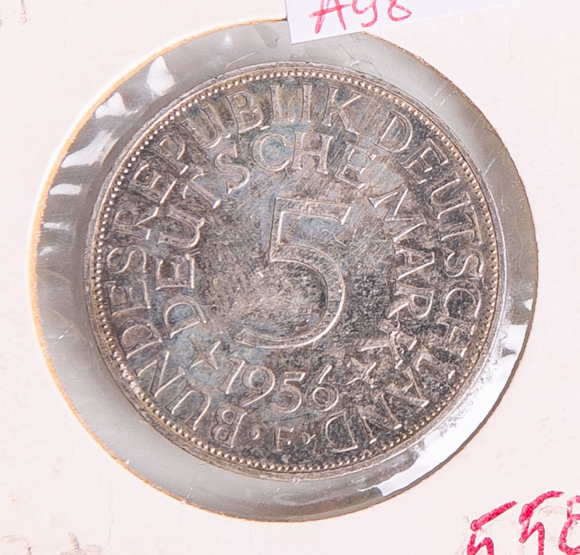 5 DM-Münze "Silberadler" (BRD, 1956), Münzprägestätte: F, eingeschweißt. Vz.