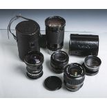 Konvolut von 4 Objektiven, bestehend aus: 1x "Kenko Fish-Eye 180" (Nr. 59916, im Etui), 1x