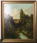 Weidenauer, Walter (1927 - 2004), Flußlandschaft m. einer alten Brücke, Öl/Lw., re. u.