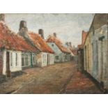Unbekannter Künstler (wohl um 1900/20), Dorfstraße mit Häusern, Öl auf Leinwand, ca. 48 x