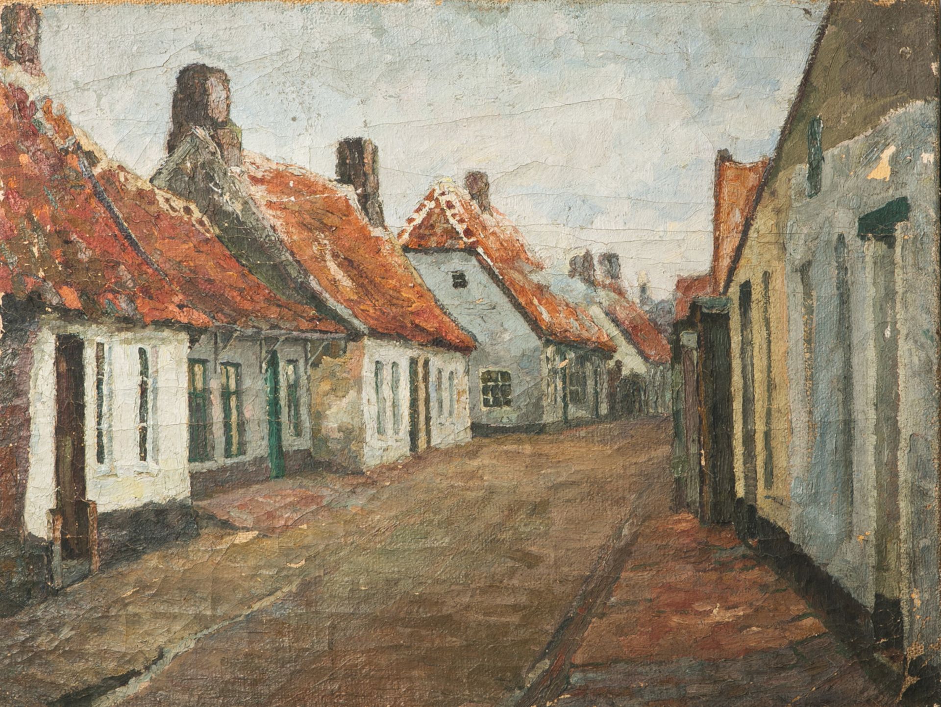 Unbekannter Künstler (wohl um 1900/20), Dorfstraße mit Häusern, Öl auf Leinwand, ca. 48 x