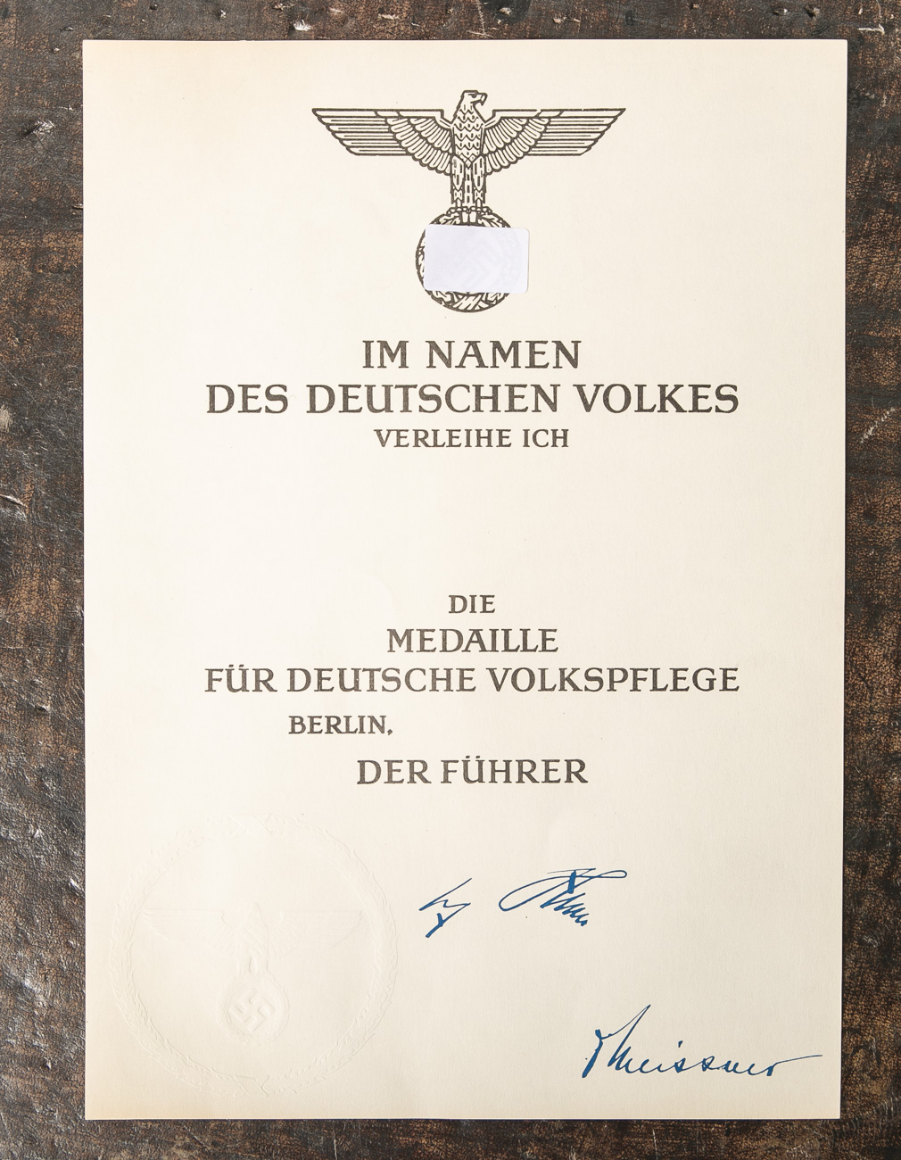 Blanko Verleihungsurkunde (2. WK), Drittes Reich, "Medaille für deutsche Volkspflege", m.