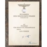 Blanko Verleihungsurkunde (2. WK), Drittes Reich, "Medaille für deutsche Volkspflege", m.