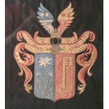 Gesticktes Wappen (wohl 19. Jahrhundert), aus feinen Seidenfäden gearbeitet, farbig aufschwarzem