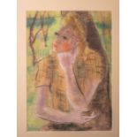 Unbekannter Künstler (20. Jahrhundert), Darstellung einer am Baum sitzenden Frau,Pastell/Multiple,