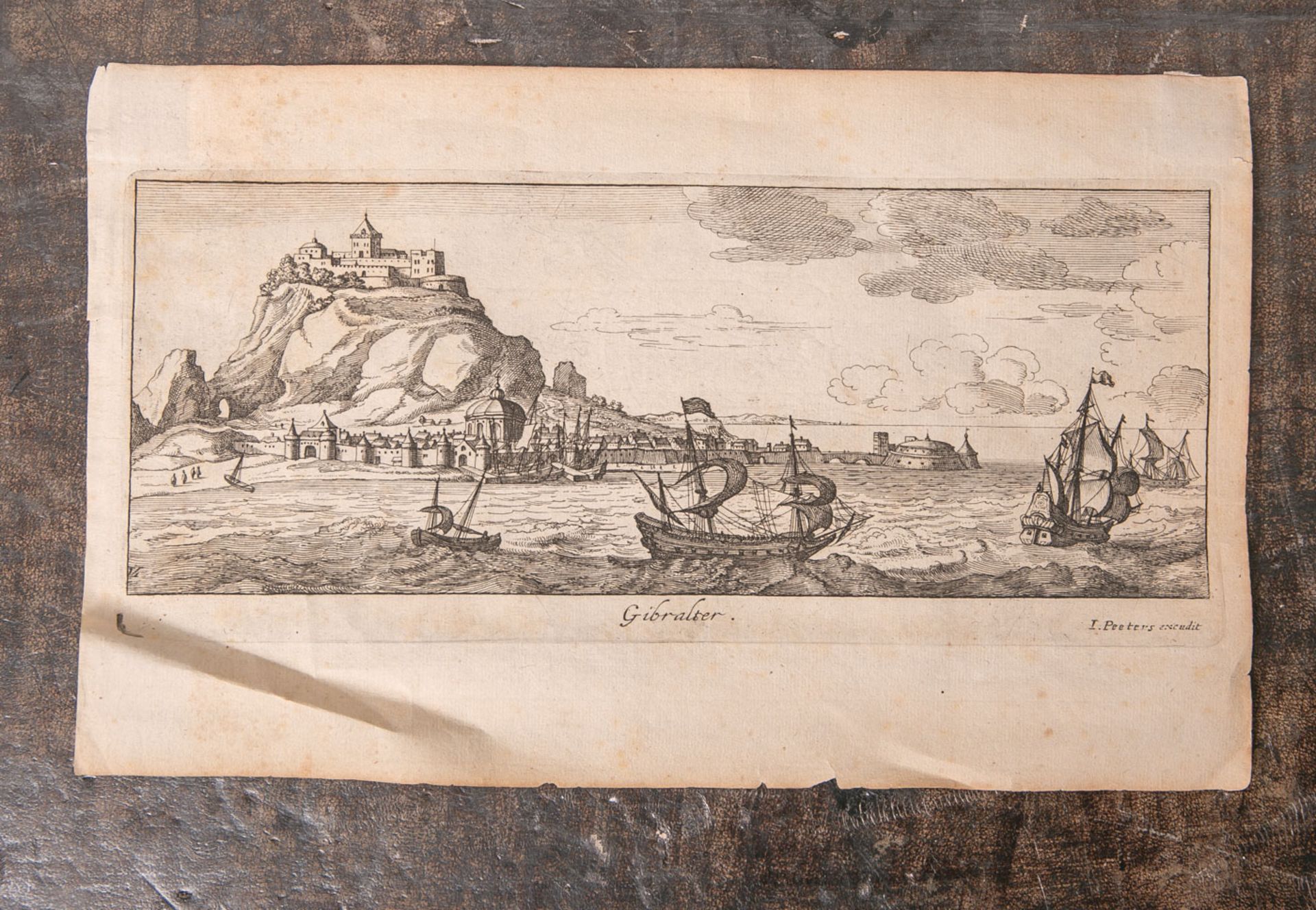Peeters, Joh. (wohl 17./18. Jahrhundert), "Gibraltar", Kupferstich, Blattgröße ca. 17,5 x28 cm.