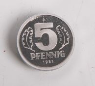 5 Pfennig-Münze (DDR, 1981), Produktionsprobe, Aufl. 40 Stück, Münzprägestätte: A. PP,Rarität.