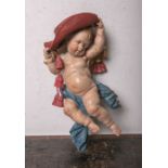 Holzfigur eines kl. Engels/Putto m. Kardinalshut m. Troddeln (alpenländisch),vollplastisch