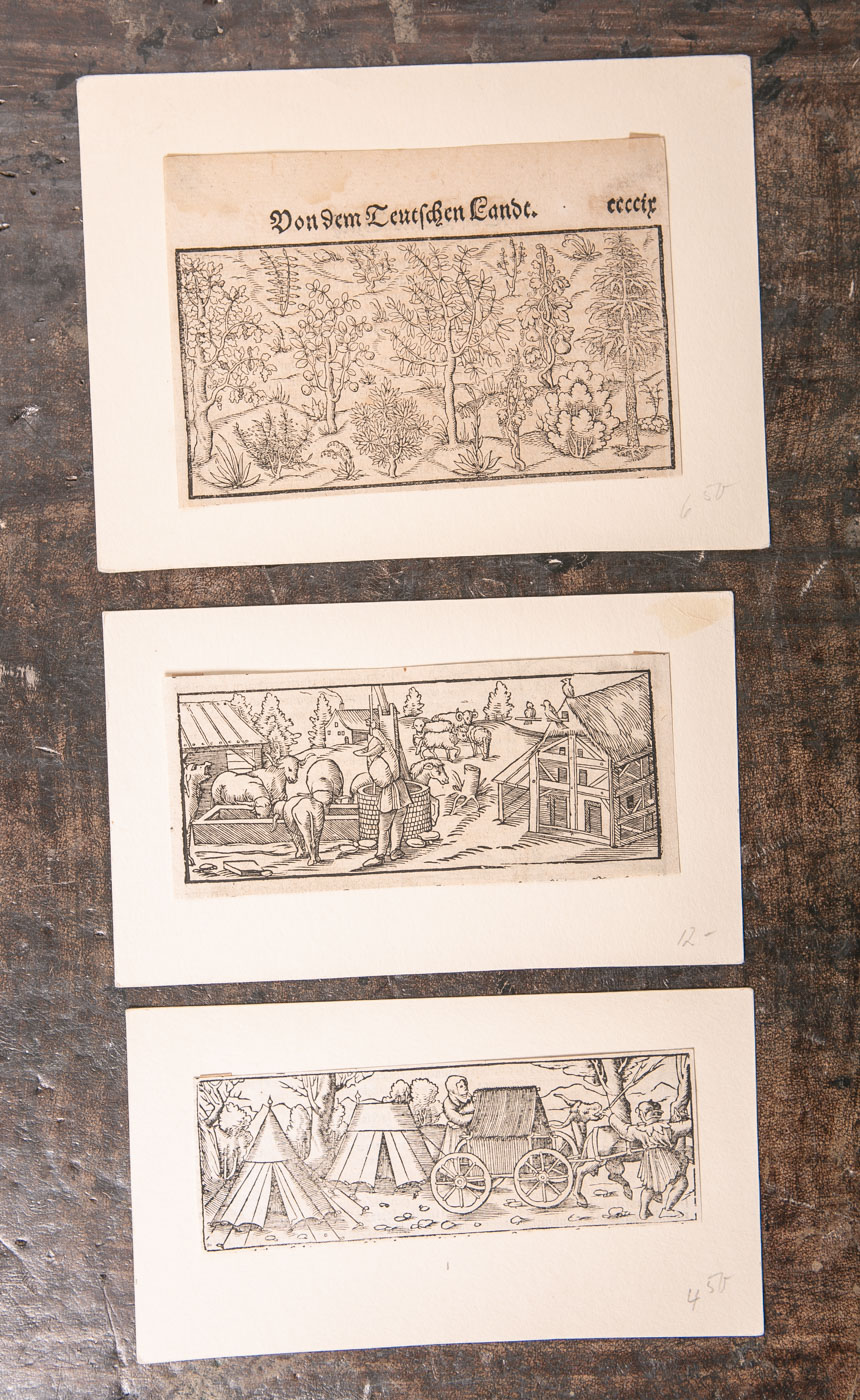 3 versch. Holzschnitte (Mittelalter), davon 2x m. bäuerlichen Szenen u. 1xPflanzendarstellung "Von