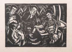 Unbekannter Künstler (wohl 19./20. Jahrhundert), drei Frauen auf einem Sofa (1918),Holzschnitt,