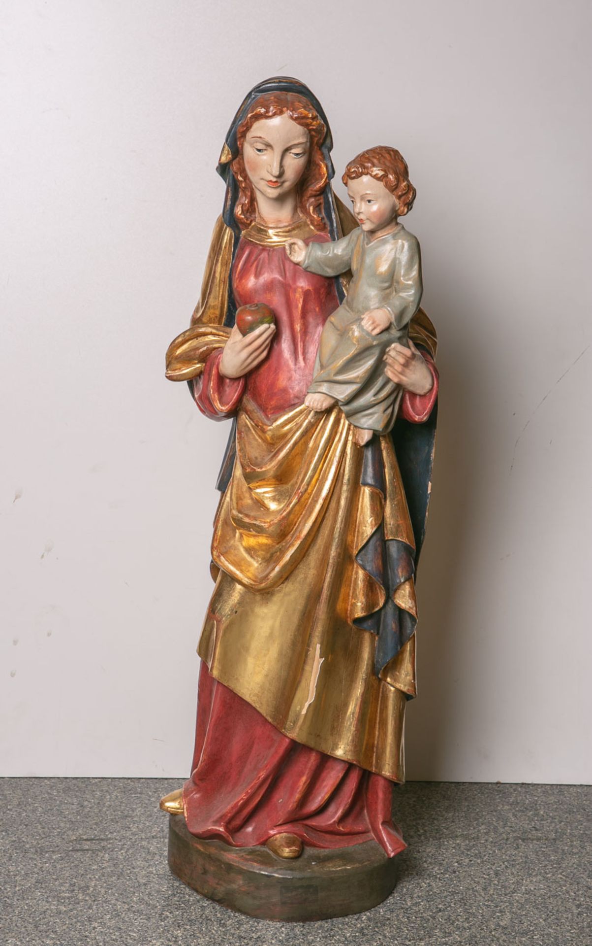 Gr. Holzfigur Madonna m. Apfel u. Jesusknaben (20. Jahrhundert), vollplastisch geschnitzt,