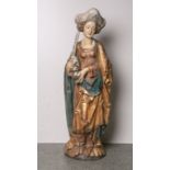 Holzfigur Hl. Barbara, polychrom gefasst, teils blattvergoldet, rs. abgeflacht, m.Wandhalterung,